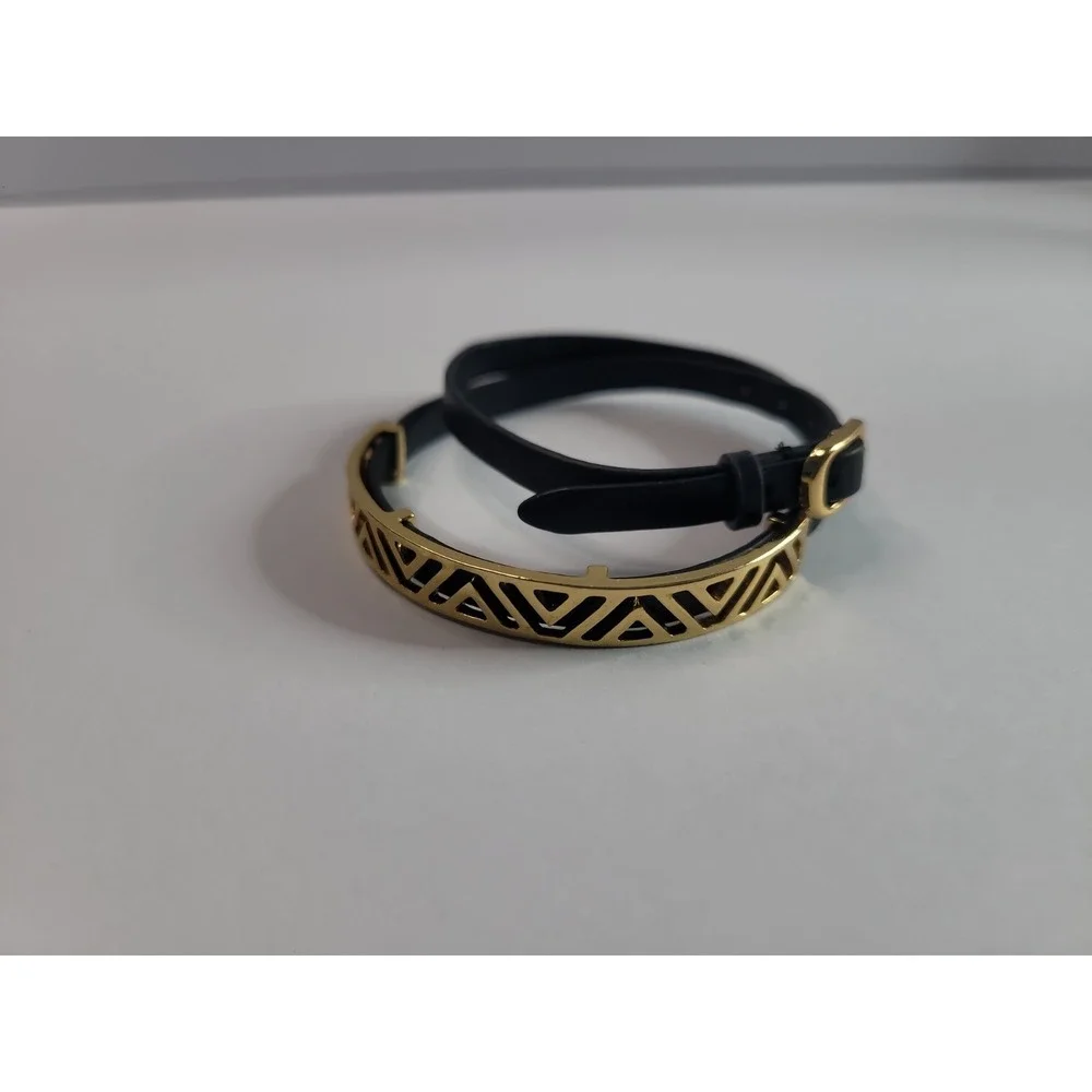 Black Faux Leather Wrap Bracelet Gold Tone Geometric Bar and Crescent Charm